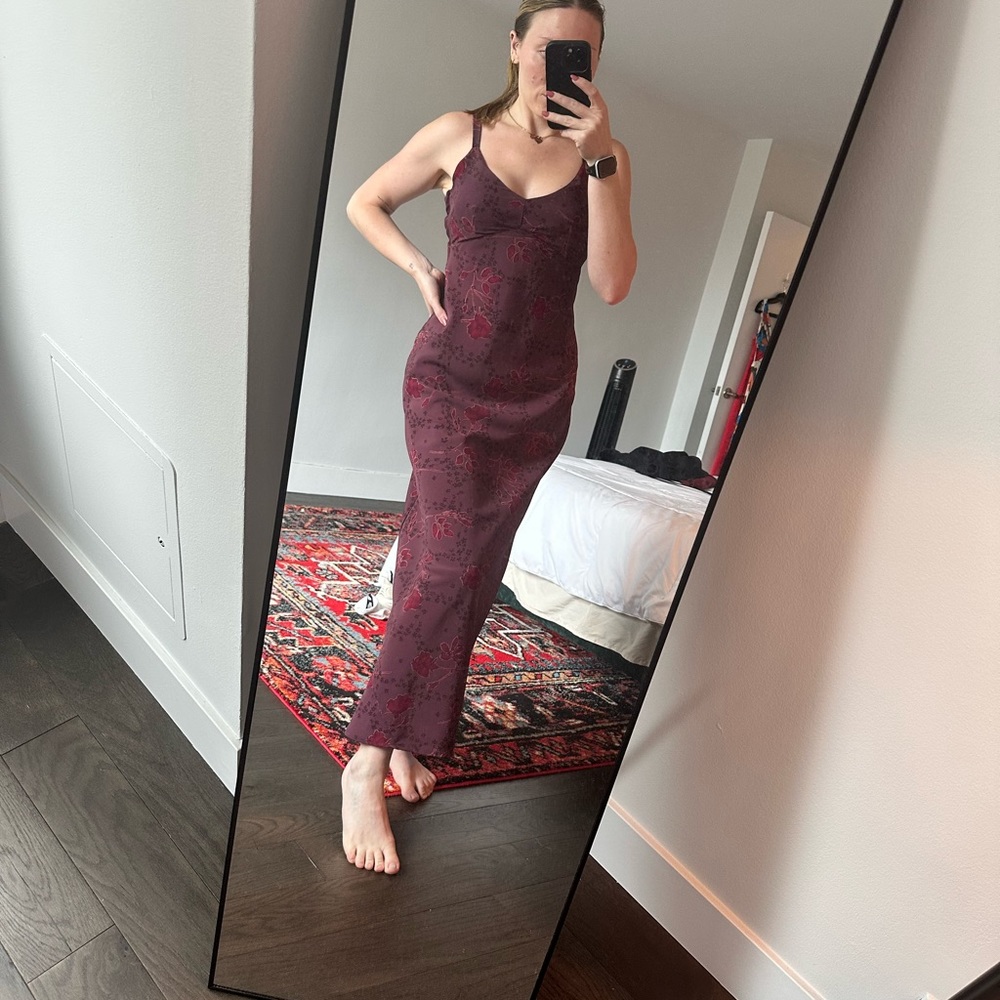 VINTAGE 1990s Beyer Too! Burgundy Cottage Floral Slip Maxi Dress Size 5